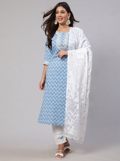 Women's Blue Embroidered Straight Kurta With Trouser And Dupatta