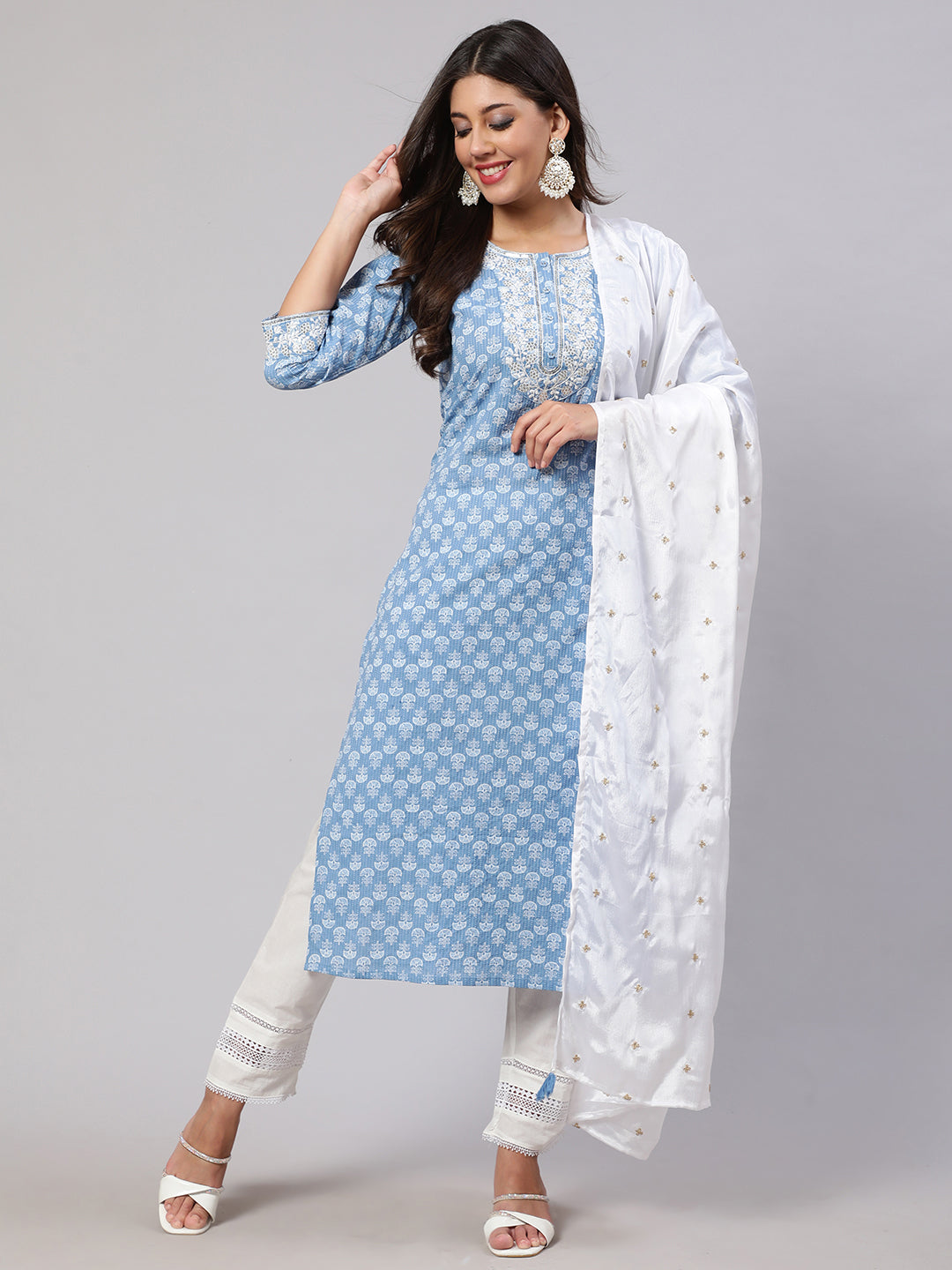 Women's Blue Embroidered Straight Kurta With Trouser And Dupatta