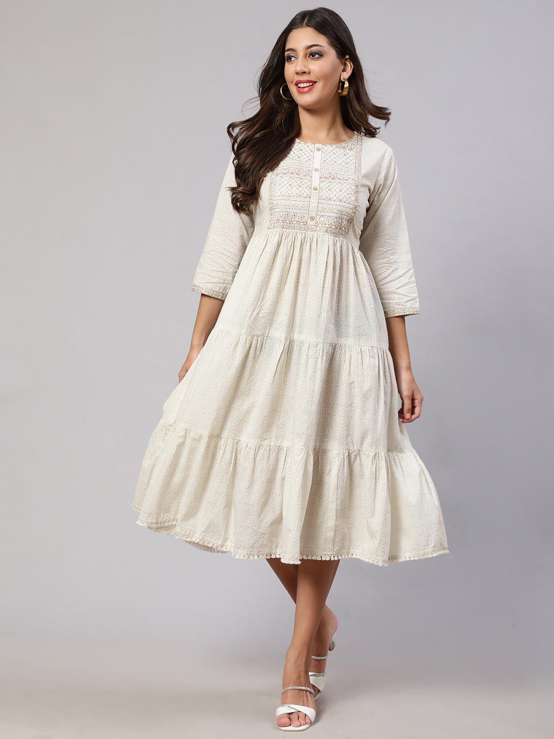 Women's Wome Off White Embroidered Gathered Dress