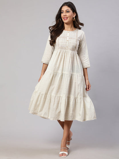 Women's Wome Off White Embroidered Gathered Dress