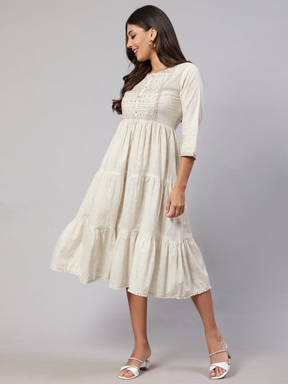 Women's Wome Off White Embroidered Gathered Dress