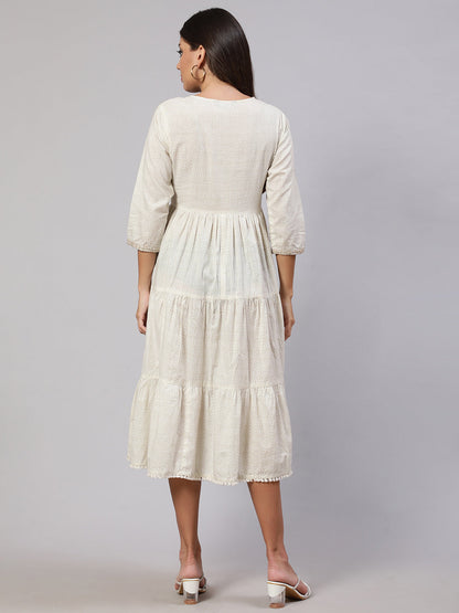 Women's Wome Off White Embroidered Gathered Dress