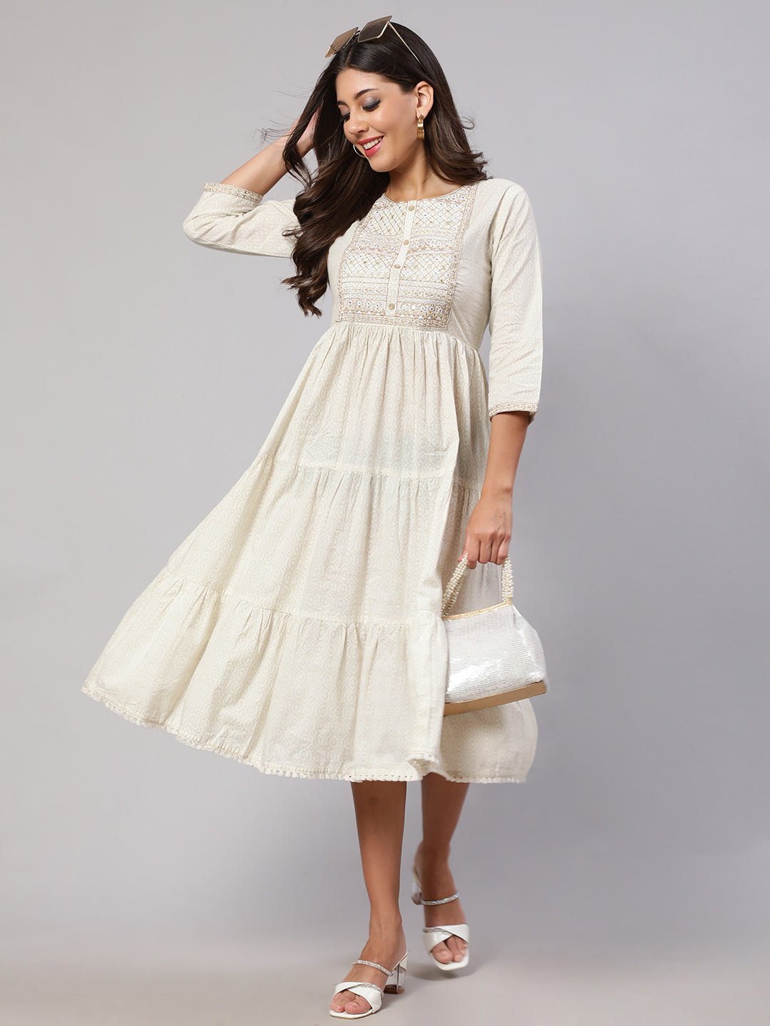 Women's Wome Off White Embroidered Gathered Dress