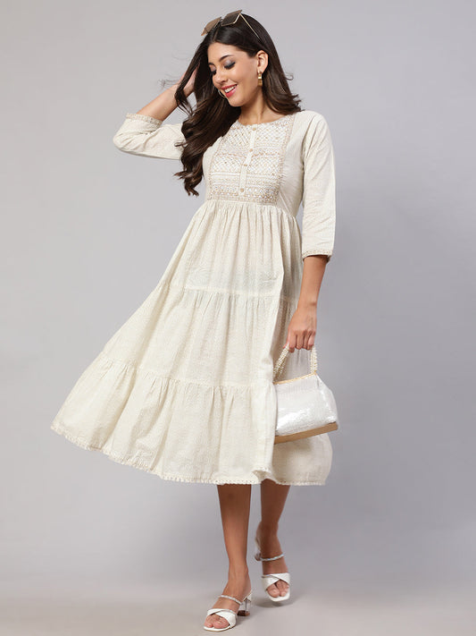 Women's Wome Off White Embroidered Gathered Dress
