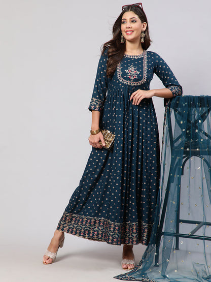 Women's Teal Floral Printed Flared Dress With Scalloped Dupatta