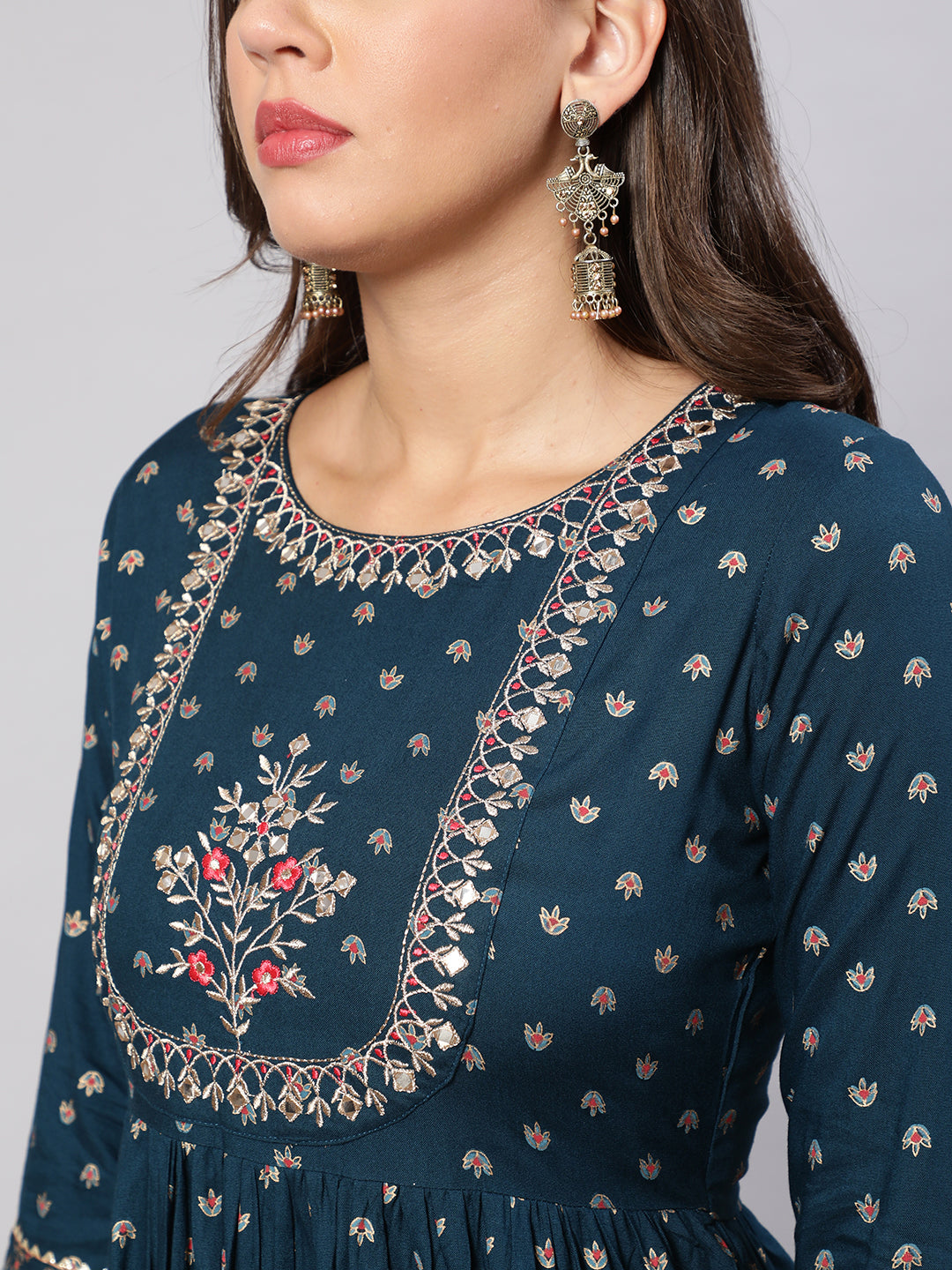 Women's Teal Floral Printed Flared Dress With Scalloped Dupatta