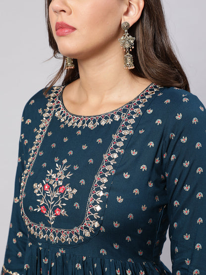 Women's Teal Floral Printed Flared Dress With Scalloped Dupatta
