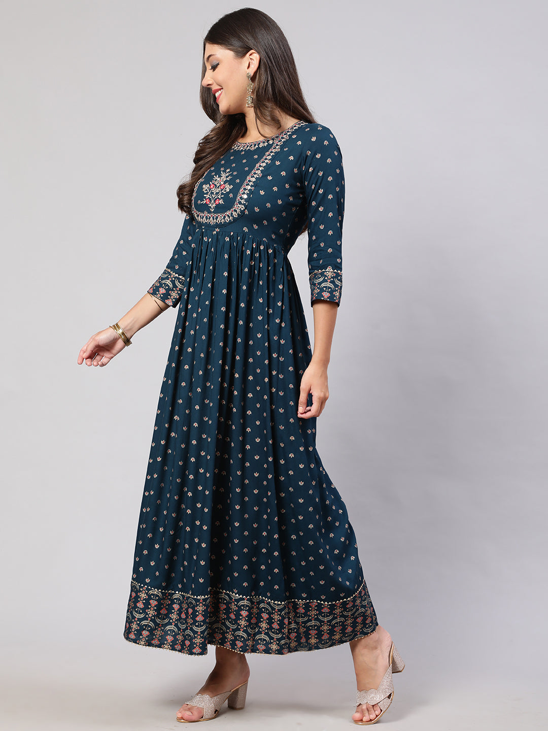 Women's Teal Floral Printed Flared Dress With Scalloped Dupatta