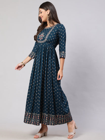 Women's Teal Floral Printed Flared Dress With Scalloped Dupatta