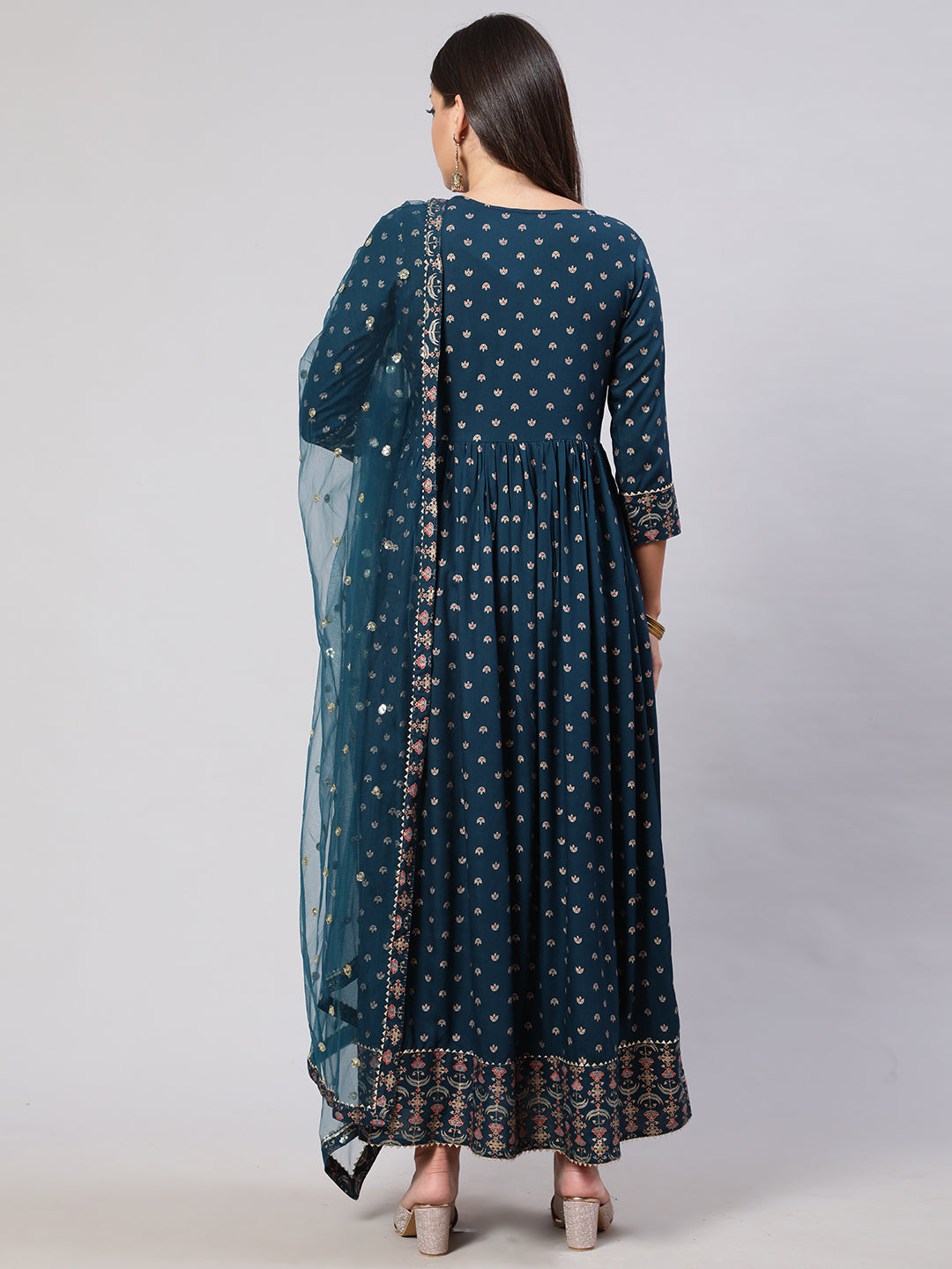 Women's Teal Floral Printed Flared Dress With Scalloped Dupatta