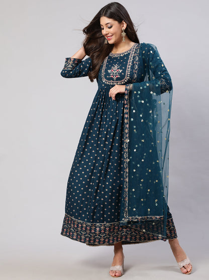 Women's Teal Floral Printed Flared Dress With Scalloped Dupatta