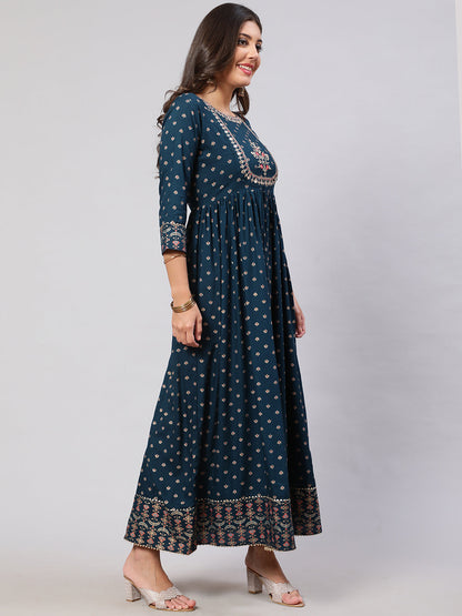 Women's Teal Floral Printed Flared Dress With Scalloped Dupatta