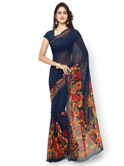 Women's Blue Georgette Printed Saree