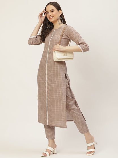 Women's Grey Color Cotton Blend Checked Striped Straight Kurta Pant Set