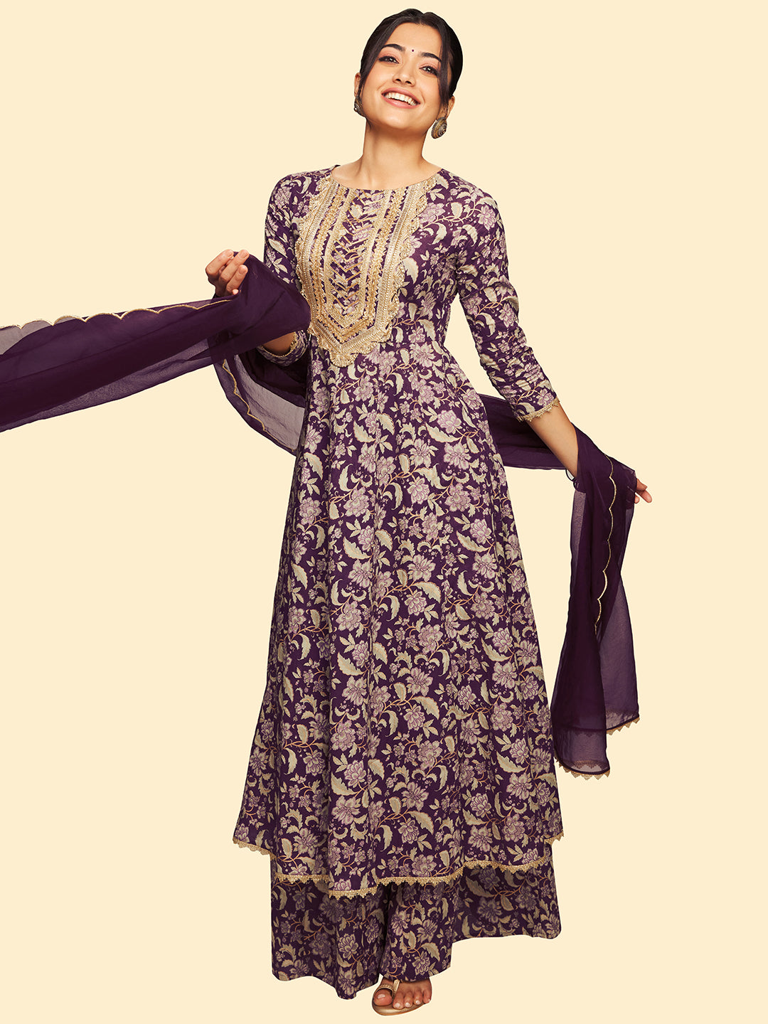 Women's Voilet Floral Printed Cotton Set