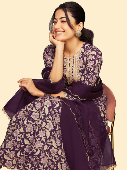 Women's Voilet Floral Printed Cotton Set