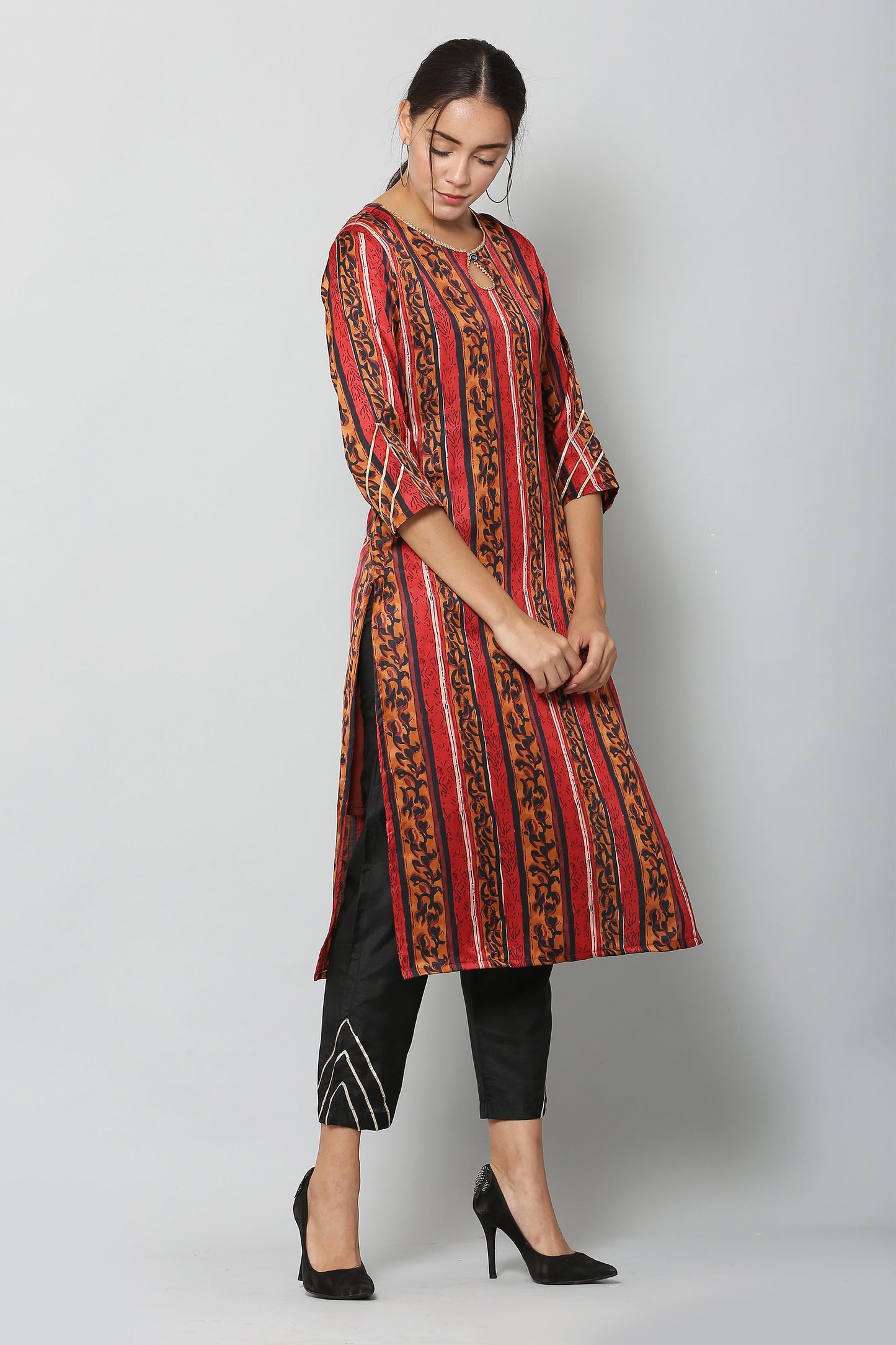 Women's Maroon Color Satin Blend Straight Printed Kurta Pant Set