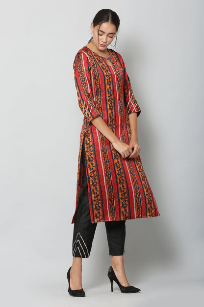 Women's Maroon Color Satin Blend Straight Printed Kurta Pant Set
