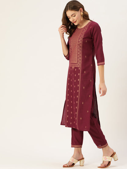 Women's Wine Cotton Blend Panelled Printed Straight Kurta Trouser Set With Dupatta