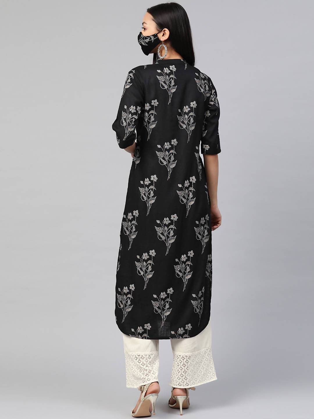 Women's Rayon Slub Bandhani Straight Kurta With Mask