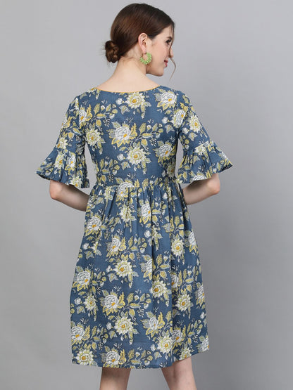 Women's Floral Printed Dress With Ruffle Sleeves