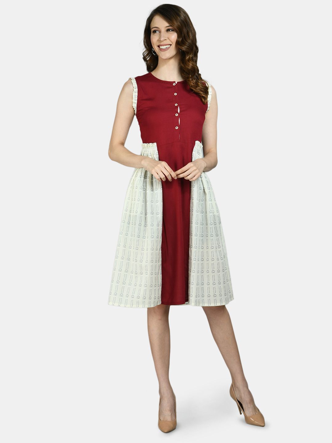 Women Red and White Printed Cotton dress by Myshka (