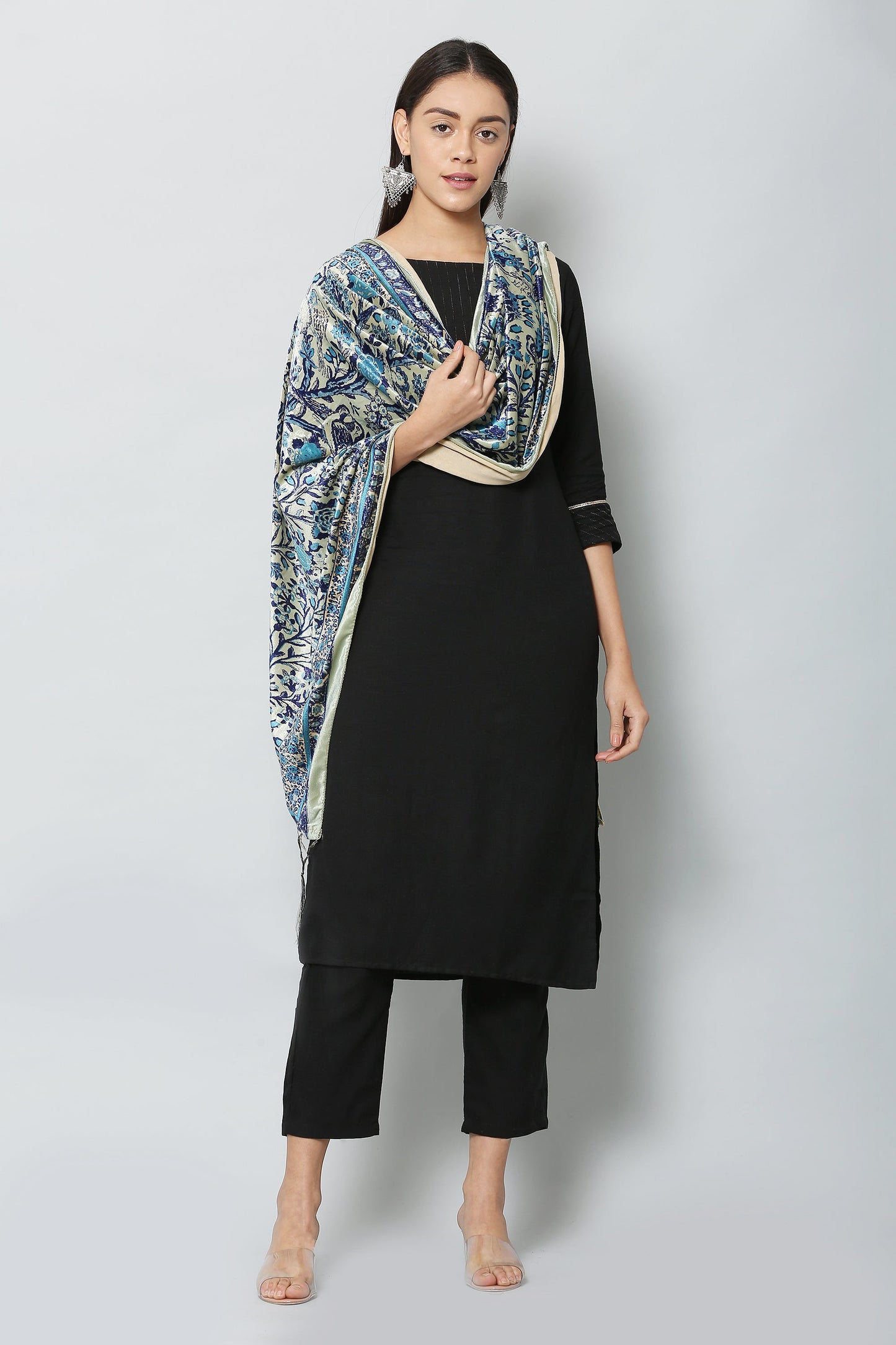 Women's Blue Color Polyster Velvet  Digital Printed Dupatta