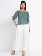 Women's White Cotton Dobby Flared Palazzo With Scrunchie