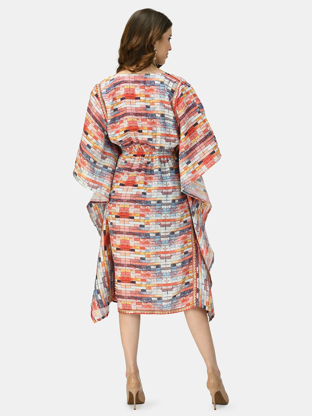 Women's Orange Multicolor Silk Blend Printed Half Sleeve V Neck Casual Kaftaan
