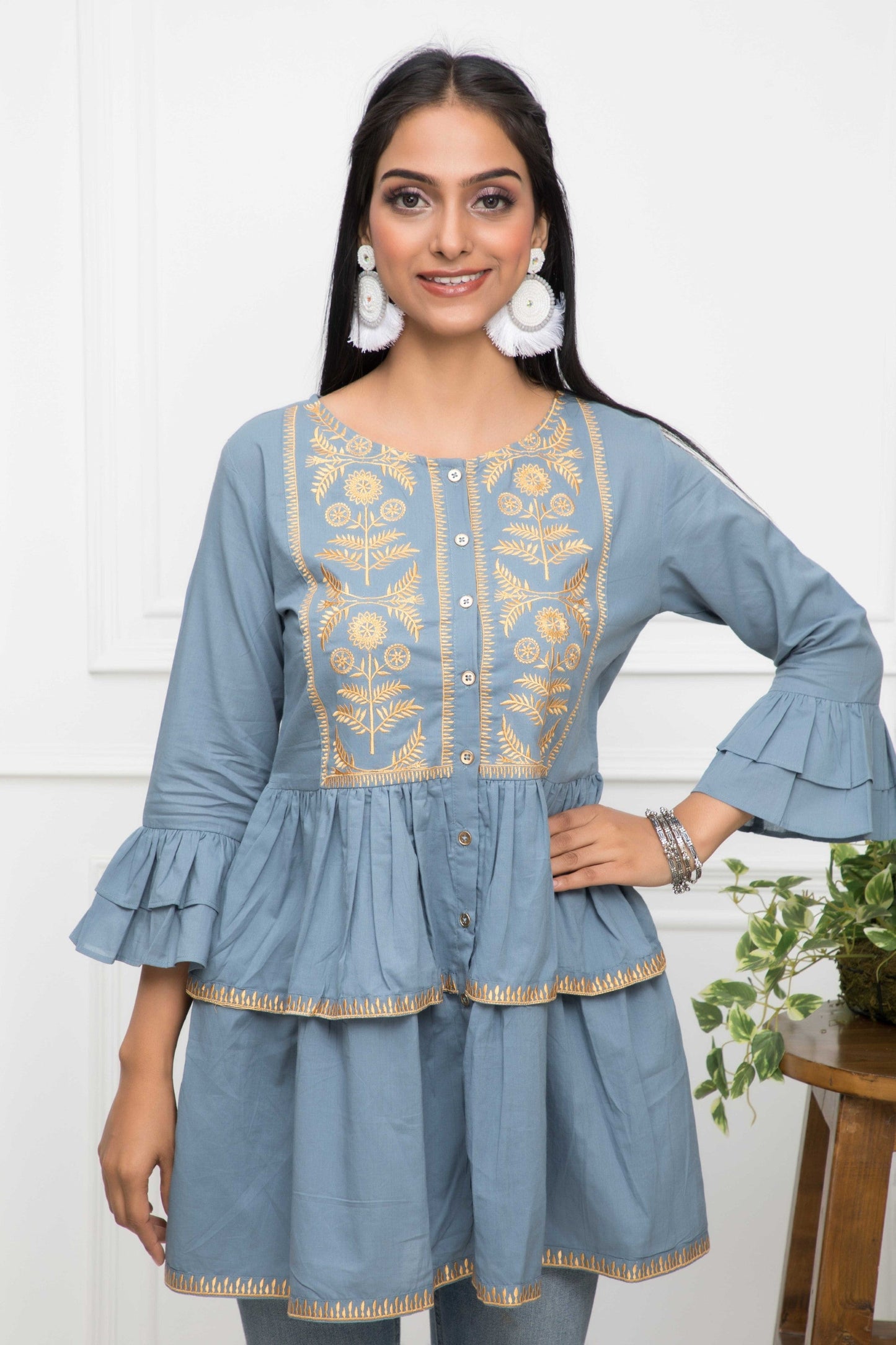 Women's Grey Solid Round Neck Flared Sleeves Cotton Top