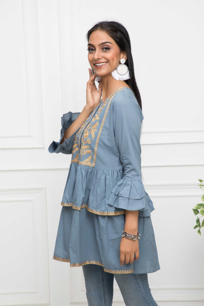 Women's Grey Solid Round Neck Flared Sleeves Cotton Top