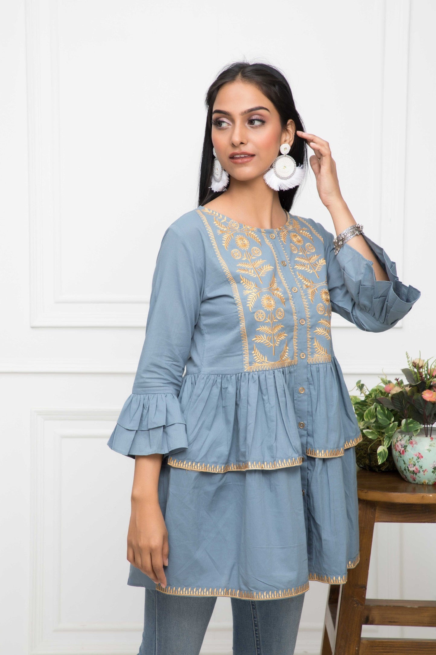 Women's Grey Solid Round Neck Flared Sleeves Cotton Top