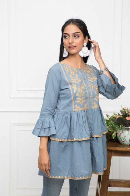 Women's Grey Solid Round Neck Flared Sleeves Cotton Top