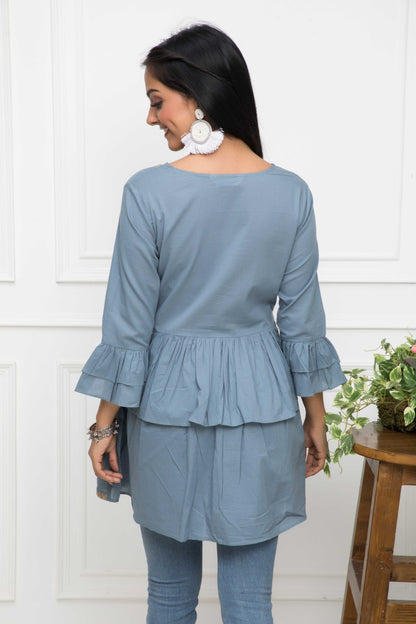 Women's Grey Solid Round Neck Flared Sleeves Cotton Top