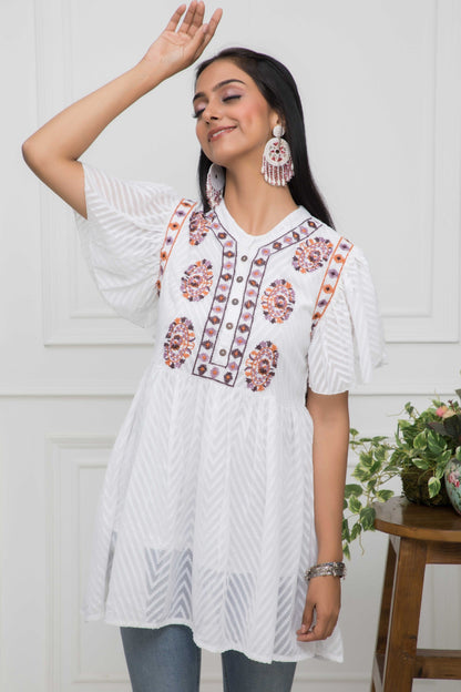 Women's White Solid V-Neck Flared Sleeves Synthetic Georgette Top