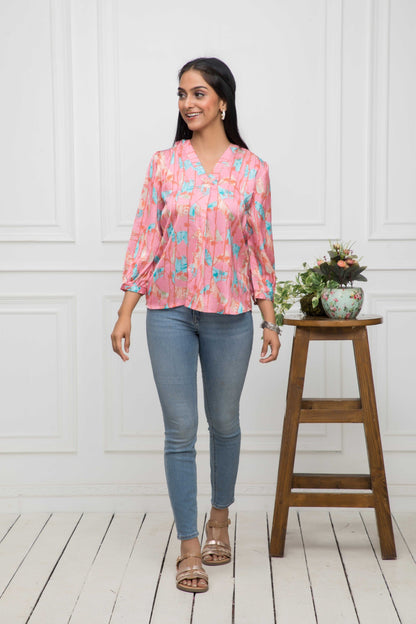 Women's Multi Floral V-Neck Regular Sleeves Polyester Top