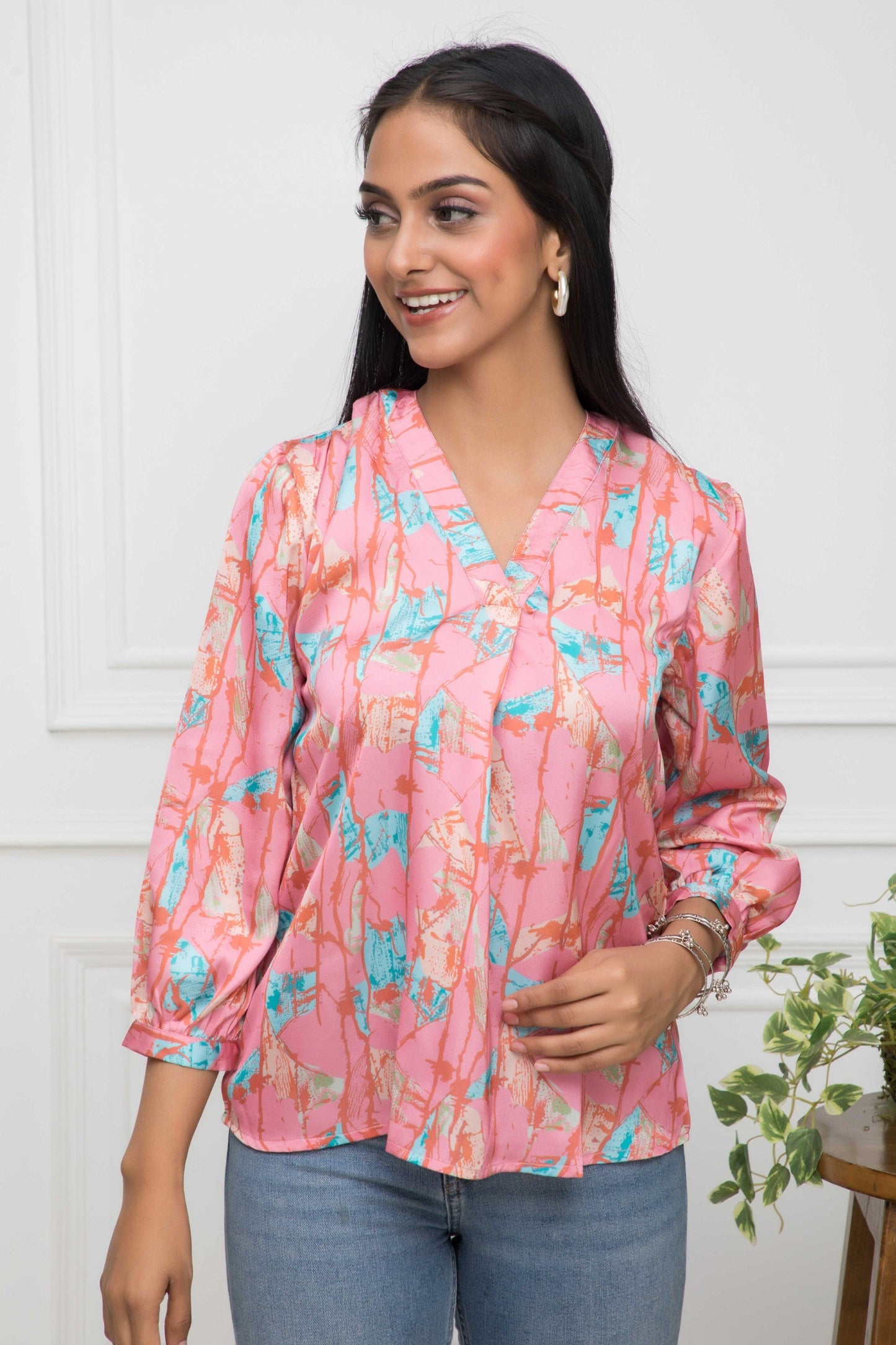 Women's Multi Floral V-Neck Regular Sleeves Polyester Top