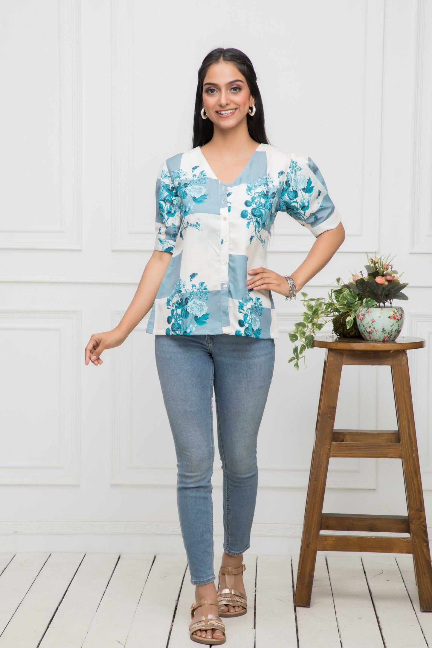 Women's White Floral V-Neck Flutter Sleeves Viscose Rayon Top