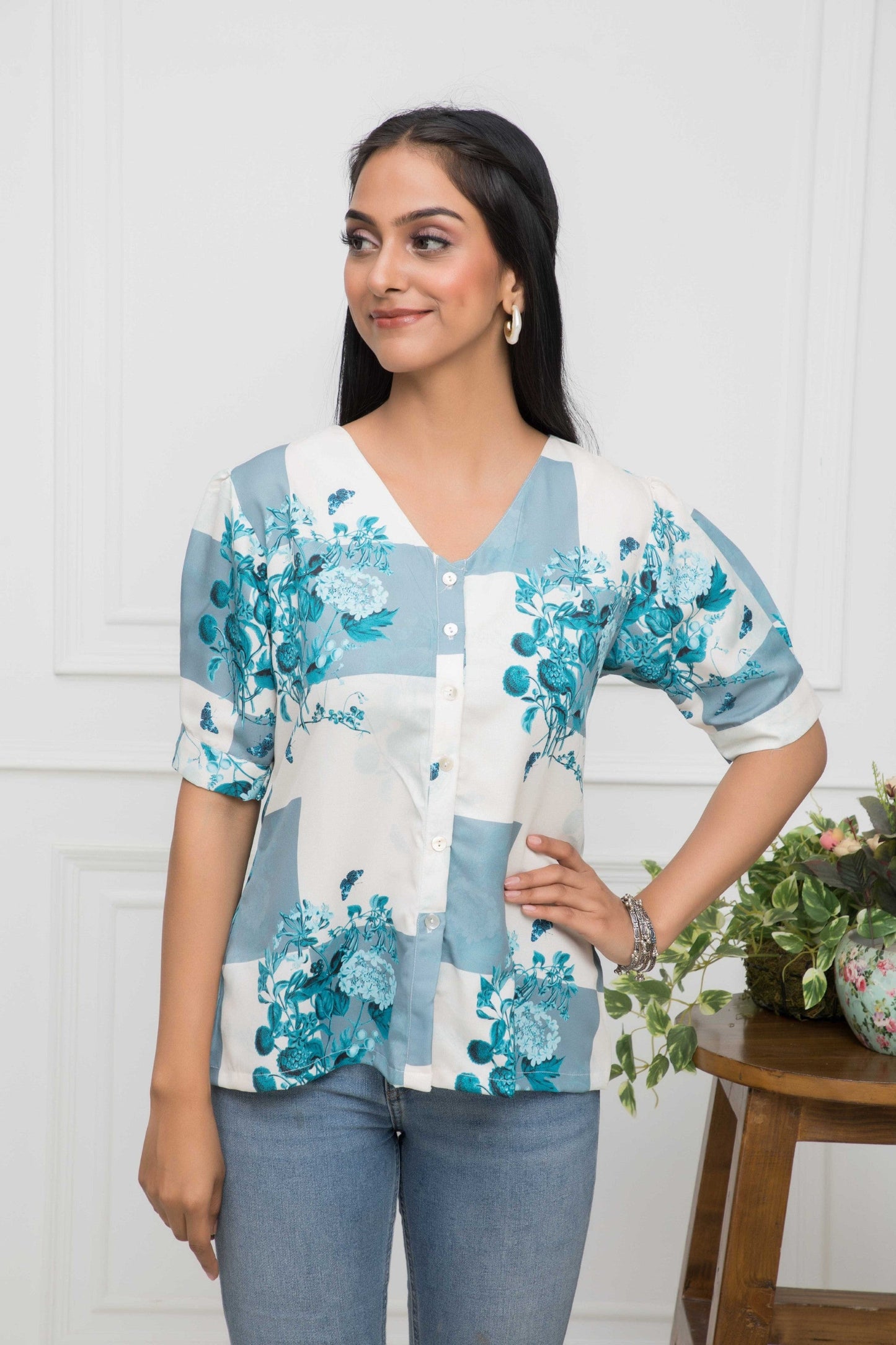 Women's White Floral V-Neck Flutter Sleeves Viscose Rayon Top
