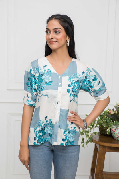 Women's White Floral V-Neck Flutter Sleeves Viscose Rayon Top
