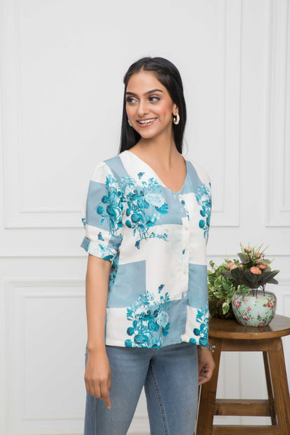 Women's White Floral V-Neck Flutter Sleeves Viscose Rayon Top