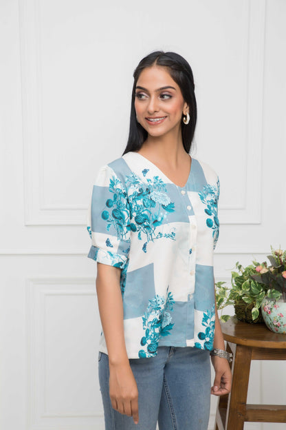 Women's White Floral V-Neck Flutter Sleeves Viscose Rayon Top