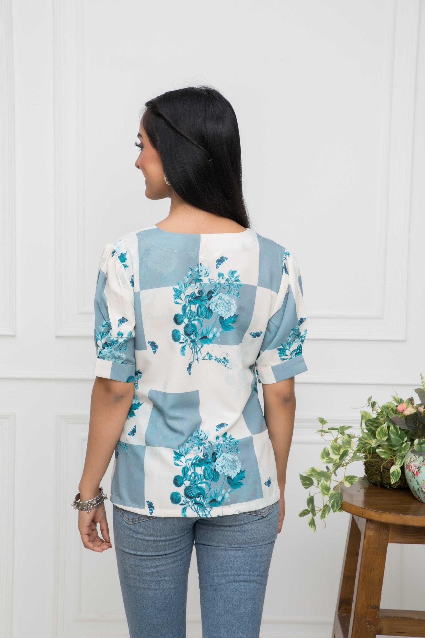 Women's White Floral V-Neck Flutter Sleeves Viscose Rayon Top