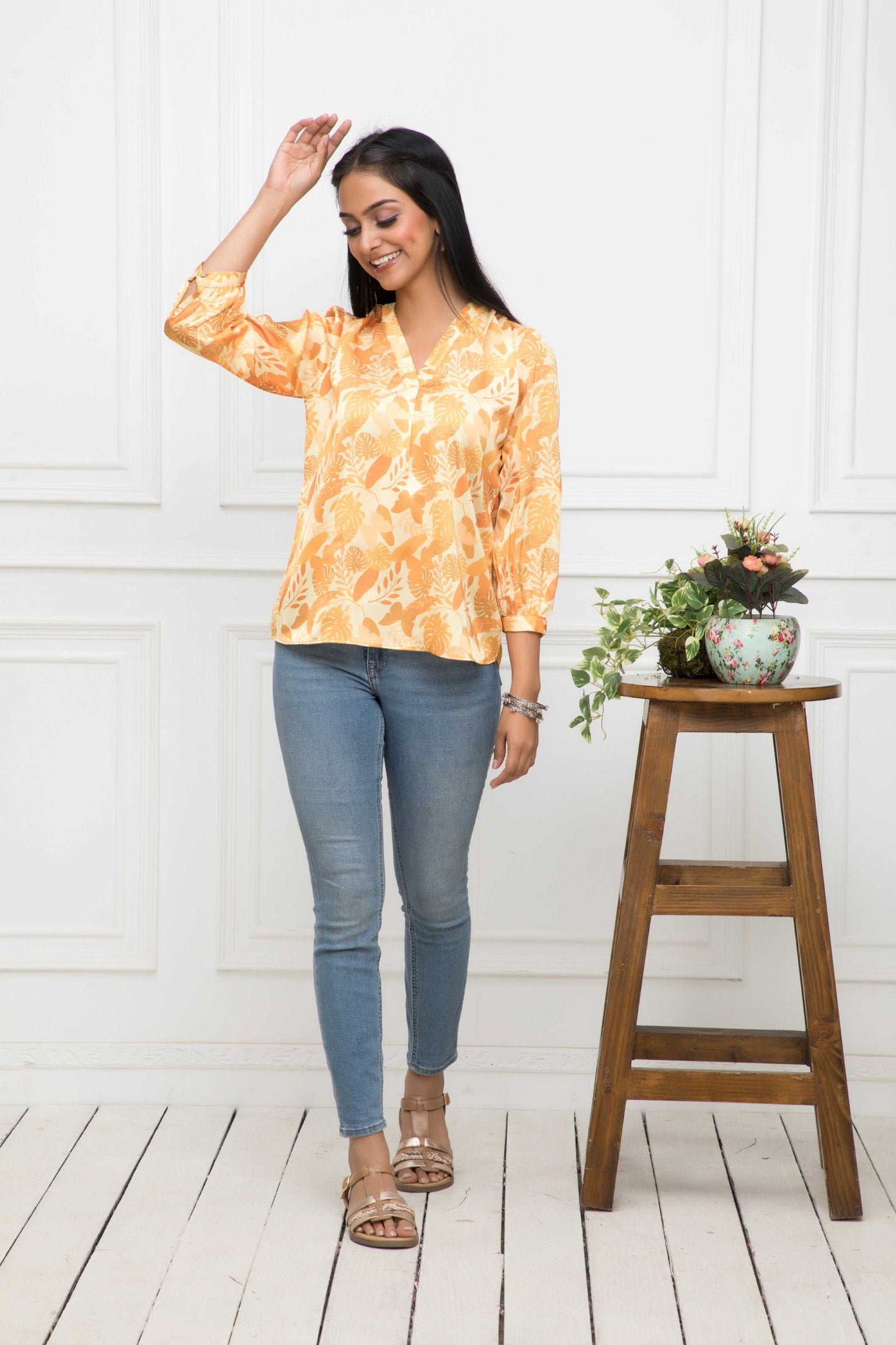 Women's Mustard Floral V-Neck Regular Sleeves Polyester Top