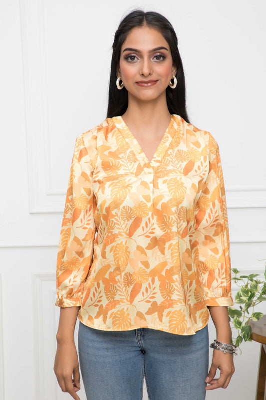Women's Mustard Floral V-Neck Regular Sleeves Polyester Top