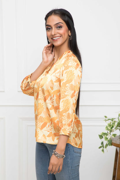 Women's Mustard Floral V-Neck Regular Sleeves Polyester Top