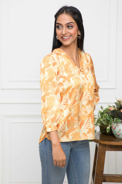 Women's Mustard Floral V-Neck Regular Sleeves Polyester Top