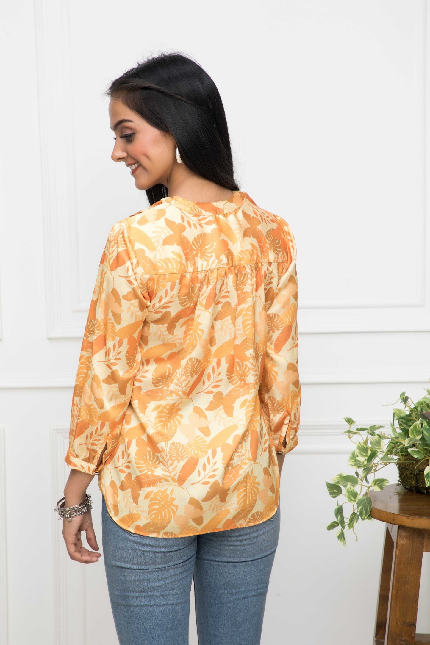 Women's Mustard Floral V-Neck Regular Sleeves Polyester Top