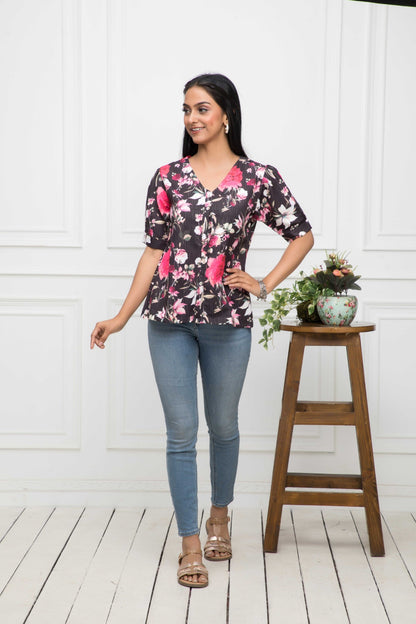 Women's Black Floral V-Neck Regular Sleeves Viscose Rayon Top