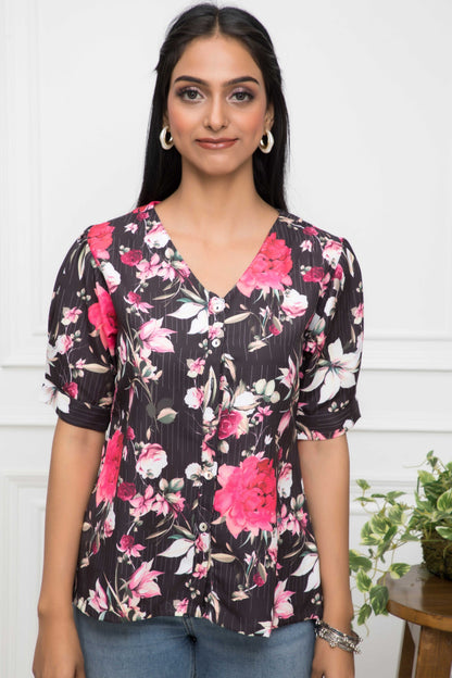 Women's Black Floral V-Neck Regular Sleeves Viscose Rayon Top